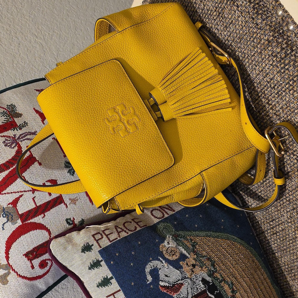 Tory Burch Chic Yellow Leather Backpack with Tassels - Picture 10 of 14